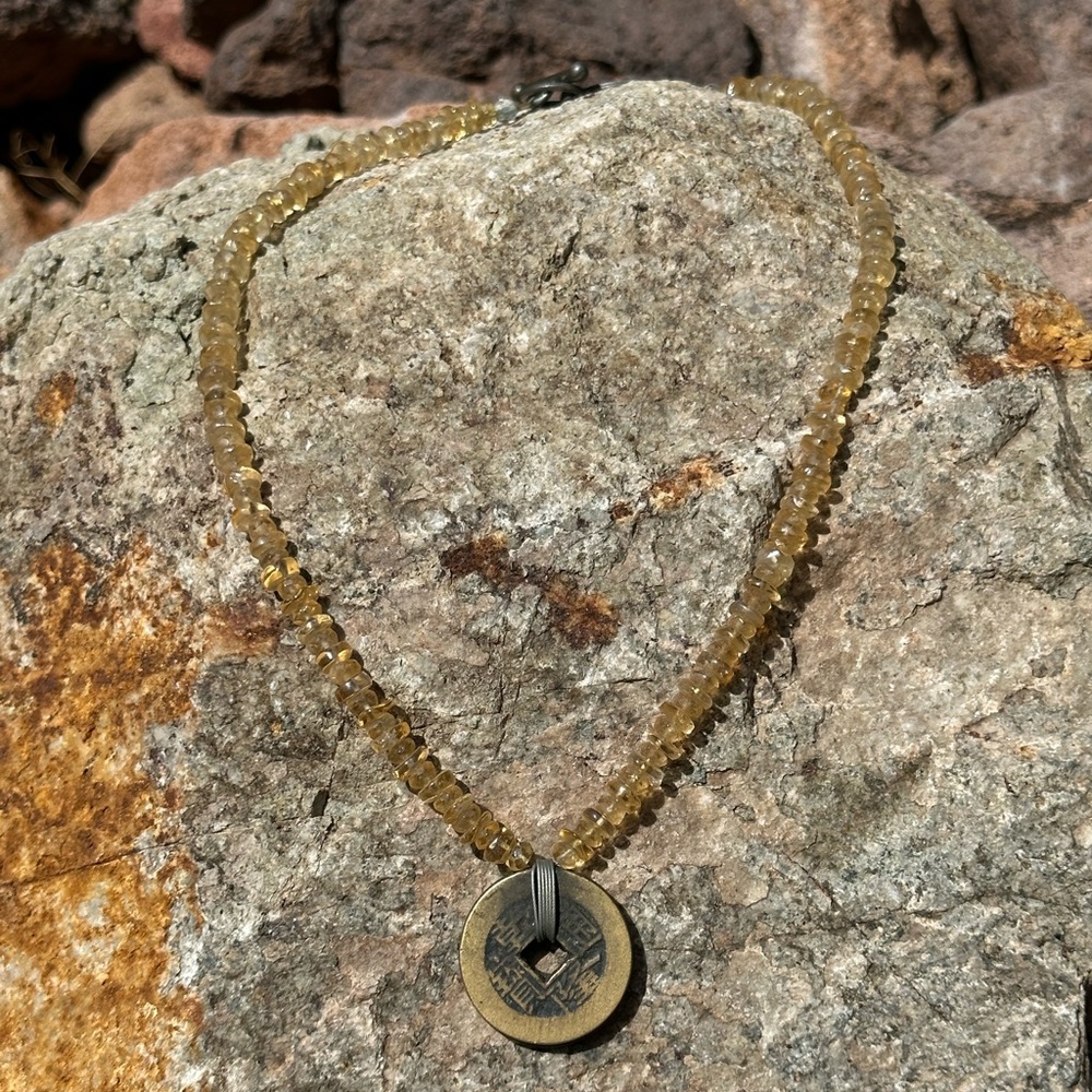 Old Asian Coin Pendant with chunks of Citrine